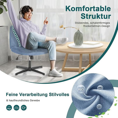 DUMOS Criss Cross Legged Office Chair, Armless Wide Seat No Wheels, Modern Home Desk Height Adjustable Swivel Fabric Vanity Seating for Bedroom