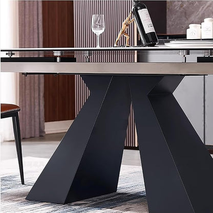 Extendable Dining Table for 8-12 Seat Flexible Stretch Tabletop Made from Sintered stone Tempered Glass Solid Carbon Steel Base, White