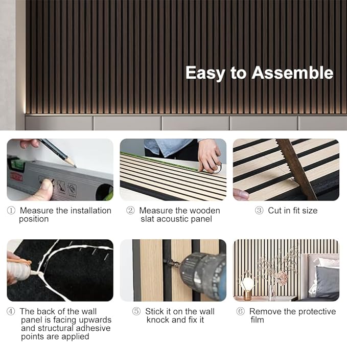 2PCS Wood Slat Acoustic Wall Panels for Ceiling and Wall Decor 3D Fluted Sound Absorbing Textured Panel with Wood Finish 108"×6" (Cherry Dark)