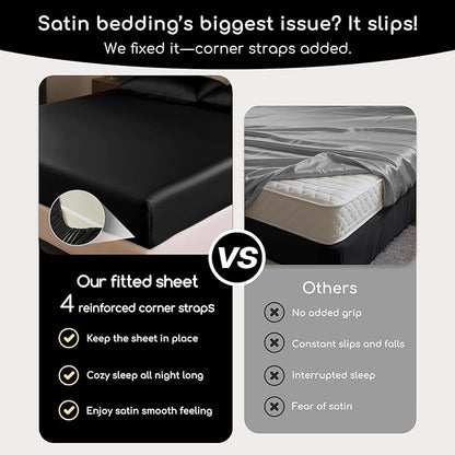MR&HM Satin Sheets King Size with Elastic Corner Straps, 4-Piece Silky Bedding Set, Deep Pocket 15 Inches, Good for Hair & Skin (King, Black)