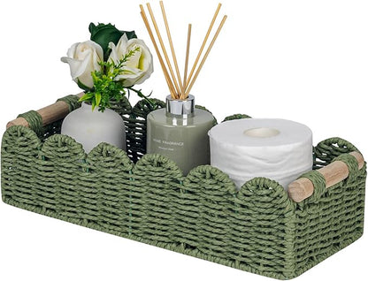 CubesLand Toilet Paper Storage Basket Scalloped Edge Home Decor Green Basket, Living Room Cozy Decor, Paper Rope Small Baskets for Over Toilet Storage Shelf, Shelves, with 2 Wooden Handles