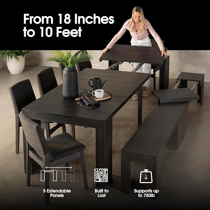 Transformer Expandable Dining Table Set – Solid Wood Table for 4 to 12 with 2 Extendable Benches, Space-Saving Adjustable Dining Room Furniture (Black, Table + 2 Benches)