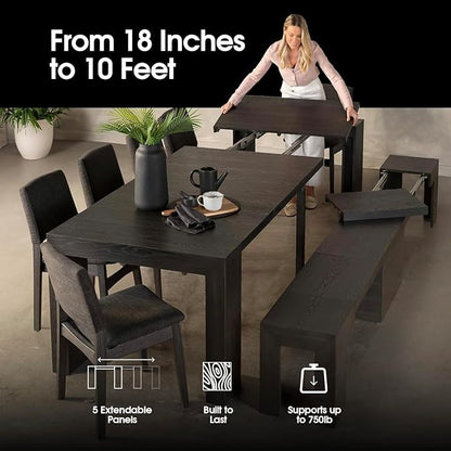 Transformer Expandable Dining Table Set – Solid Wood Table for 4 to 12 with 2 Extendable Benches, Space-Saving Adjustable Dining Room Furniture (Black, Table + 2 Benches)