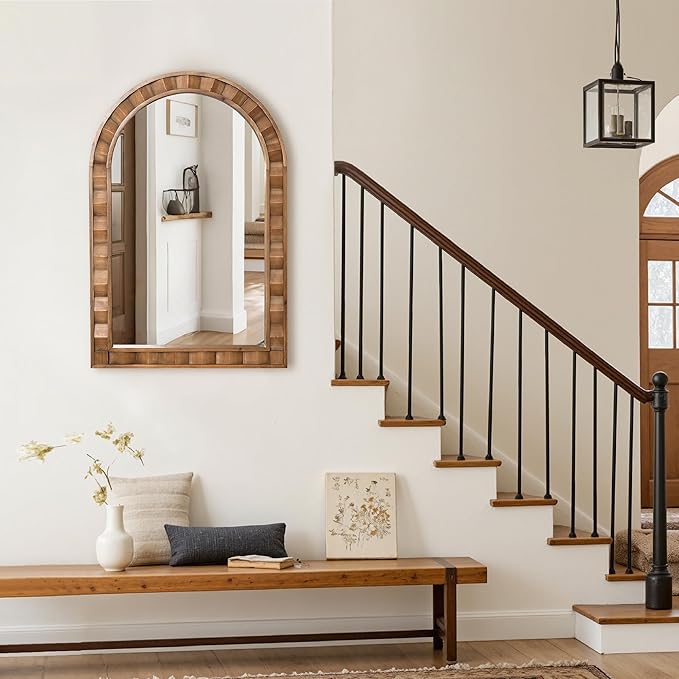 LuxenHome Arched Wall Mirror, 30.4"x18.5" Solid Wood Framed Rustic Farmhouse Decorative Wooden Mirrors, Wall Mounted Hanging Accent Entryway Mirror for Bathroom, Living Room, Bedroom Home Decor