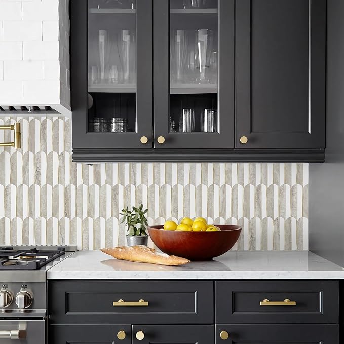 Vamos Tile Peel and Stick Backsplash Seamless Tile,1-Sheet Stick on Backsplash for Kitchen and Bathroom,White and Beige Slate PVC Mixed Metal Gold Self Adhesive Mosaic Tiles