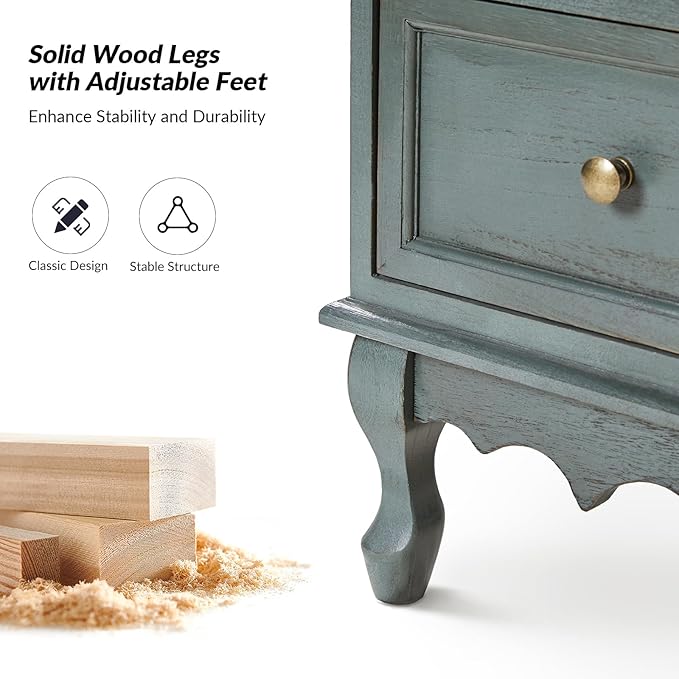 HULALA HOME 3 Drawer Nightstand with Charging Station Drawer Organizer with Wood Legs Farmhouse Solid Wood, Blue