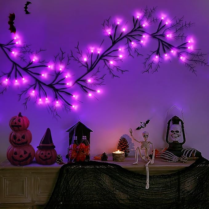 6 Ft 54 LED Halloween Willow Vine Twig Decor Garland with 8 Modes Timer Waterproof Battery Operated Scary Halloween Decorations for Home Wall Mantle Fireplace Decor