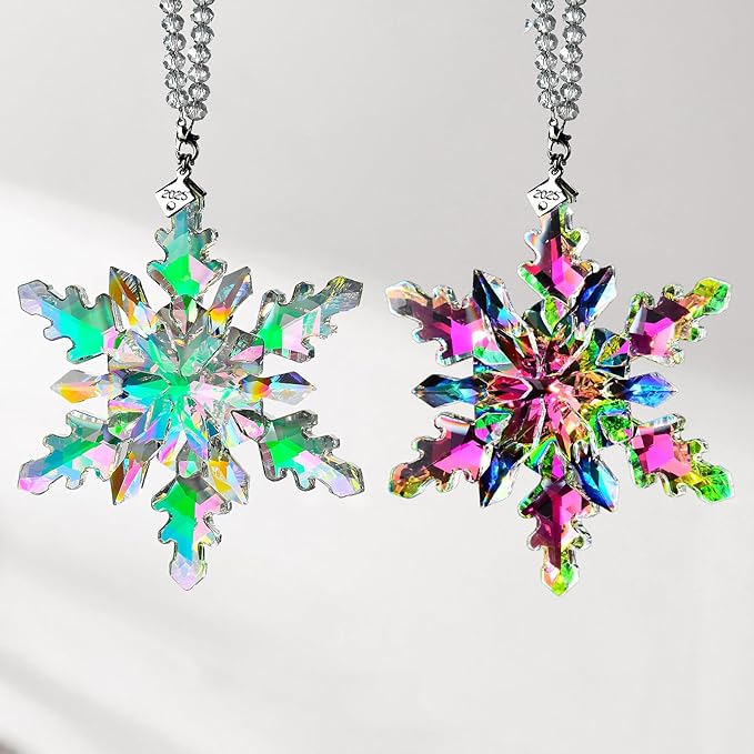 2025 Annual Edition Snowflake Crystal Christmas Ornaments,Christmas Tree Ornaments Crystal Sun Catcher Home Hanging Decor(25-Dreamy Pink)