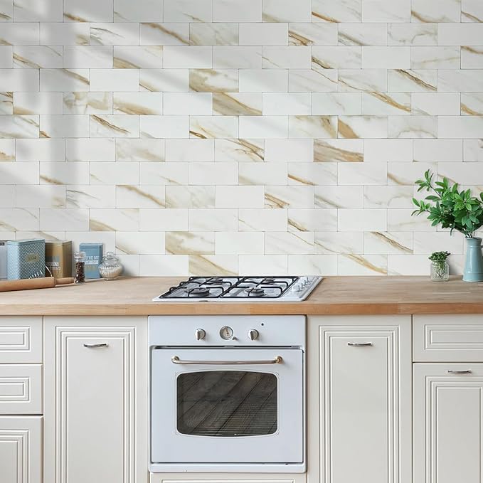 AULIGET 3" x 6" Subway Tile Peel and Stick Backsplash, Thick PVC Stick on Wall Tiles (4, Calacatta Gold)