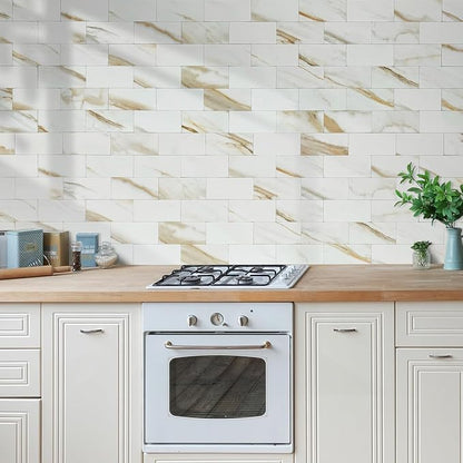 AULIGET 3" x 6" Subway Tile Peel and Stick Backsplash, Thick PVC Stick on Wall Tiles (4, Calacatta Gold)