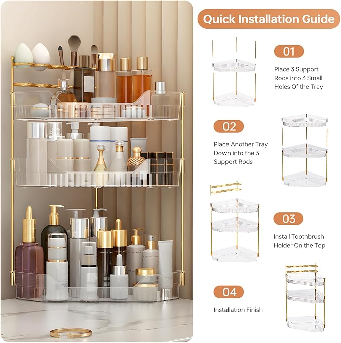 Corner Bathroom Counter Organizer with Makeup Brush Holder & Toothbrush Holders, Makeup Organizer for Vanity Countertop, Acrylic Skincare Storage Shelf (Clear, 3-Tier)