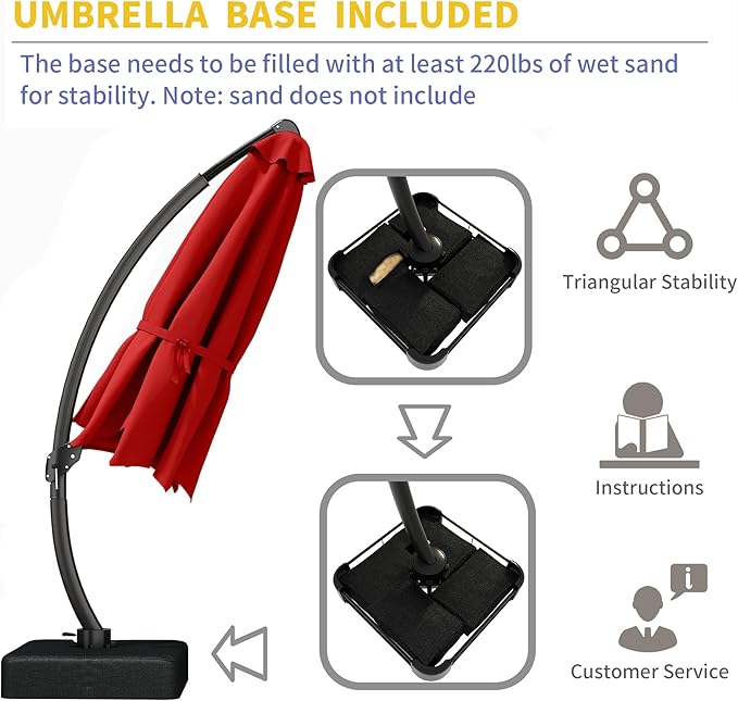 Kingdura 12ft Offset Cantilever Patio Umbrella with Base Included, Large Round Aluminum Outdoor Umbrella, 360° Rotation & Infinite Tilt, Heavy Duty Frame for Deck Pool Backyard, Red