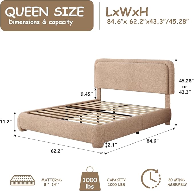 Queen Size Boucle Bed Frame, Cloud Upholstered Platform Bed with Height Adjustable Headboard & Soft Rounded Corners, No Box Spring Needed, Noise Free, Easy Assembly, Camel