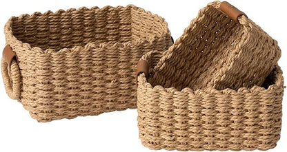 LA JOLIE MUSE Small Wicker Baskets for Organizing, Recycled Paper Rope Storage Basket Container Bins for Shelves Bathroom Cupboards Drawer, Decorative Square Basket Organizer Set of 3