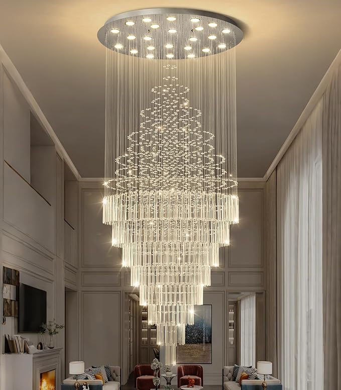 W47 x H120 Crystal LED Chandelier with Light Bulbs Luxury Raindrop High Ceiling Chandeliers for Entryway Villa Staircase Foyer Living Room Lighting Fixtures Silver
