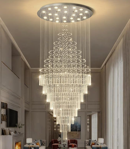 W47 x H120 Crystal LED Chandelier with Light Bulbs Luxury Raindrop High Ceiling Chandeliers for Entryway Villa Staircase Foyer Living Room Lighting Fixtures Silver