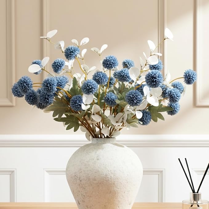 Faux Dusty Blue Flowers, Blue and White Floral Stems for Centerpieces, Fake Mums Artificial Flowers, Flores Azules Artificiales para Decoracion, Long Stems for Vases, DIY Silk Floral Arrangements