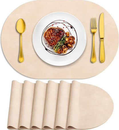 ADRIMER Placemats, Heat Resistant Oval Placemats Set of 6 Washable 12 x 17 Inch, Waterproof Table Mats, Wipeable Pu Place Mats for Kitchen, Dining Room, Beige