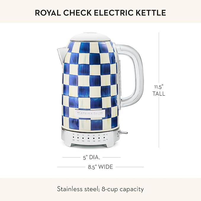 MACKENZIE-CHILDS Electric Kettle, Stainless-Steel Appliances Kettle, Blue-and-White Royal Check