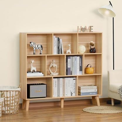 LEYAOYAO 10 Cube Bookshelf,3 Tier Modern Wide Bookcase with Legs,Mid-Century Wood Bookshelves Storage,Natural Large Book Case,Freestanding Organizer Display Shelf for Bedroom,Living Room,Office