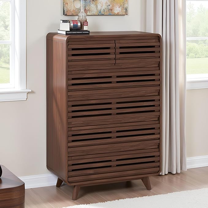 Walnut Dresser for Bedroom, Tall Dresser with 6 Drawers, Chests of Drawers with Grille & Curved Design, Fluted Dressers Slides Pre-Installed, Wood Large Drawer Organizer for Bedroom Hallway