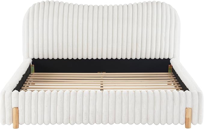 Queen Size Bed Frame, Upholstered Cloud Boucle Platform Beds Frames with Headboard, Anti-Collision Soft Rounded Corners Footboard, No Box Spring Required, Easy Assembly (37” White, Queen)