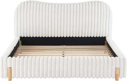 Queen Size Bed Frame, Upholstered Cloud Boucle Platform Beds Frames with Headboard, Anti-Collision Soft Rounded Corners Footboard, No Box Spring Required, Easy Assembly (37” White, Queen)