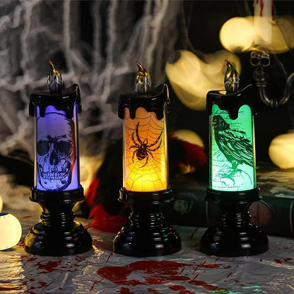 Eldnacele Halloween Flameless Candle Lamp Battery Operated with Remote and Timer, Spooky Horror Skull Crow Spider Decals LED Candle Lights Indoor Home Decor Candles Set of 3, 2.8" D x 7.8" H