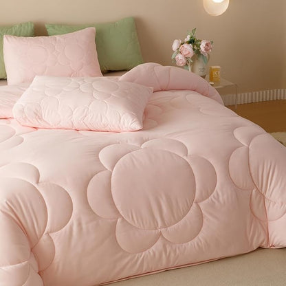 CLOTHKNOW Pink Floral Twin/Twin XL Comforter Set 3Pcs Daisy Puff Bedding Comforter Sets Boho Comforter Soft Pink Comforter Sets