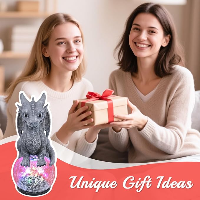 Baby Dragon Solar Garden Statue with Crackle Glass Globe Light - Whimsical Outdoor Fantasy Decor - Colorful LED Yard Ornament - Birthday for Dragon Lovers Kids Mom Grandma