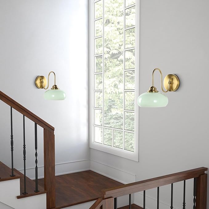 KCO Lighting Mid Century Modern Wall Sconce Vintage 1-Light Green Glass Wall Sconce Antique Brass Wall Light Fixture Brushed Gold Bathroom Vanity Light Hallway Sconces Wall Lighting