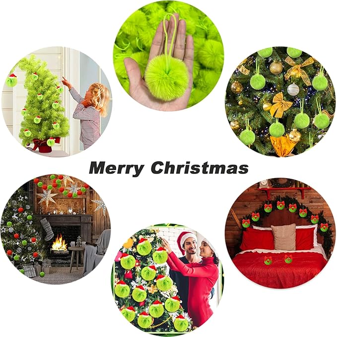 6 Pack Lime Green Furry Christmas Ball Ornaments with Red Bow, 2.36 Inches Soft Fluffy-Pom-Pom Xmas Tree Hanging Decor for Holiday Home Party Fireplace Wall Decoration(Red Bow)
