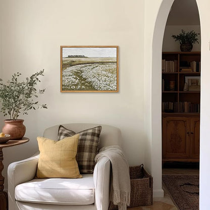KBKBART Framed Vintage Wall Art Prints, Retro Countryside Flower Field Nature Wilderness Canvas Painting Farmhouse Decor Wall Art, Rustic Landscape Wall Decor for Bathroom, Bedroom Living Room,