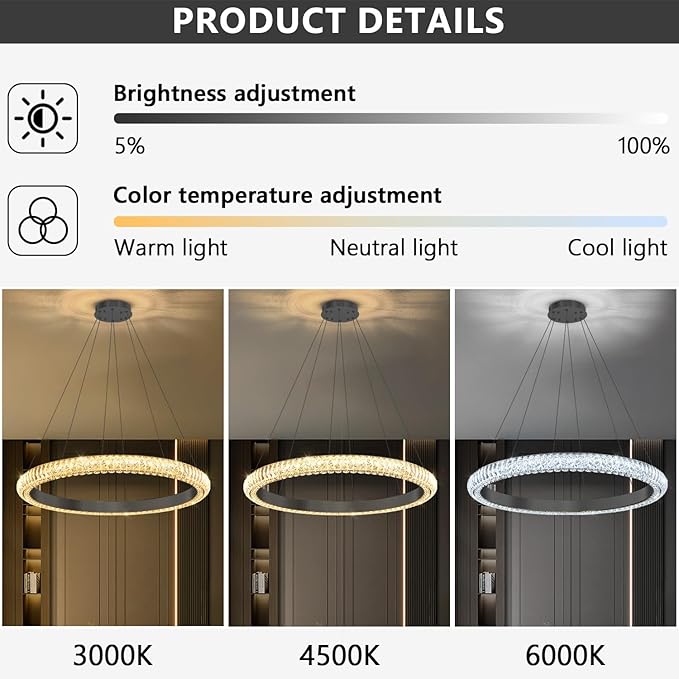 32" 1 Ring Crystal Chandelier Modern LED Dimmable Ring Pendant Light Chandelier for Dining Room Living Room Black