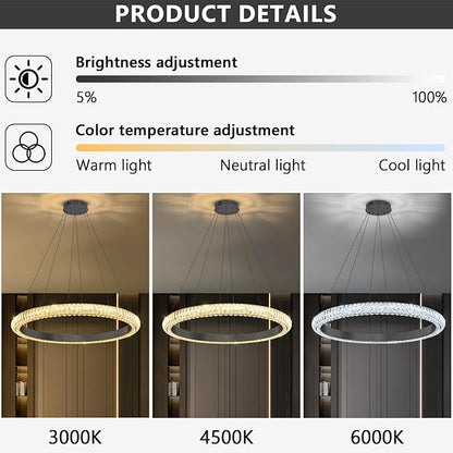 32" 1 Ring Crystal Chandelier Modern LED Dimmable Ring Pendant Light Chandelier for Dining Room Living Room Black