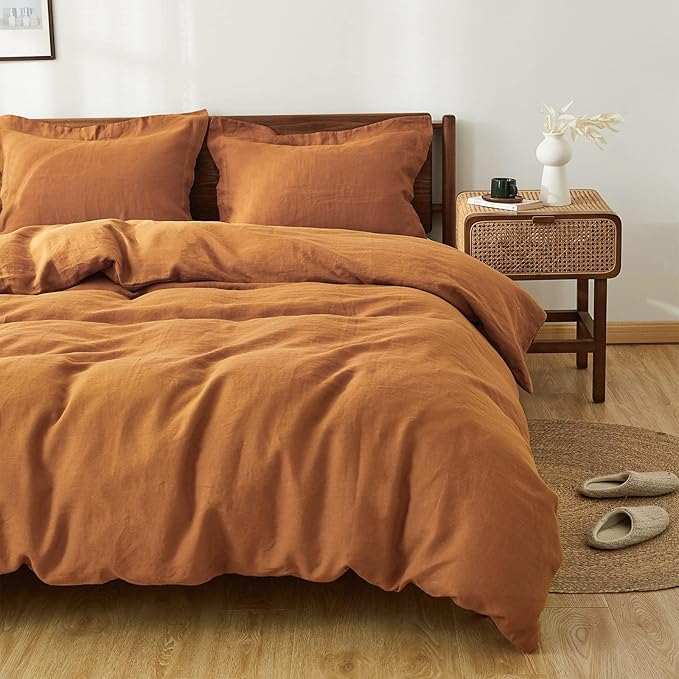 Simple&Opulence 100% Linen Duvet Cover Set, 3 PCS Natural French Flax Rust Duvet Cover California King Size, Breathable Soft Comfy Linen Bedding Comforter Cover with 2 Pillowcases(Rust, 104"x98")