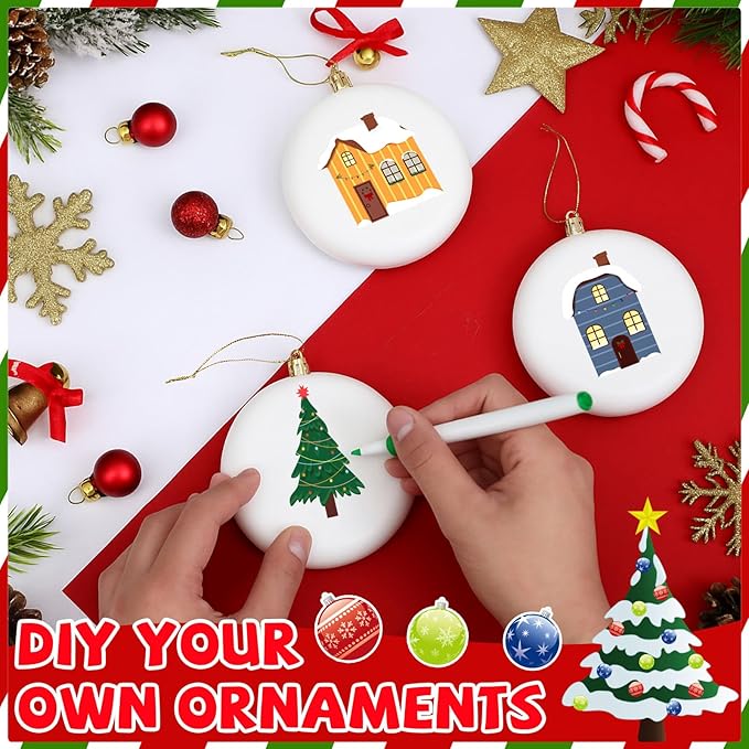 Syhood 24 Pcs 4'' DIY Christmas Blank White Ball Ornaments Set Plastic Matte Flat Discs Ornaments DIY Xmas Tree Decoration with Acrylic Paint Markers Gems Stickers for Crafts Party Decor