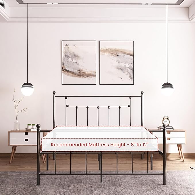 Golden Gate Beds Victorian Style Metal Platform Bed Frame with Antique Wrought Iron-Art Headboard and Footboard, Classic Cama Steel Mattress Foundation, No Box Spring Needed, Queen Size, Black Finish