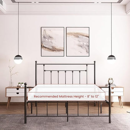 Golden Gate Beds Victorian Style Metal Platform Bed Frame with Antique Wrought Iron-Art Headboard and Footboard, Classic Cama Steel Mattress Foundation, No Box Spring Needed, Queen Size, Black Finish