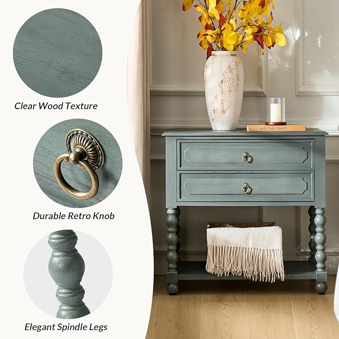 HULALA HOME Farmhouse Storage End Table with 2 Drawers and Open Shelf, Solid Wood Side Table with Spindle Legs, Nightstand with Charging Station (Blue)