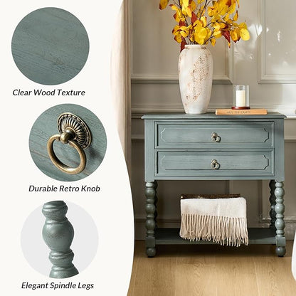 HULALA HOME Farmhouse Storage End Table with 2 Drawers and Open Shelf, Solid Wood Side Table with Spindle Legs, Nightstand with Charging Station (Blue)