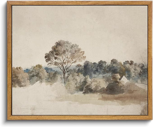 KBKBART Framed Vintage Neutral Wall Art Prints, Antique Rustic Muted Landscape Canvas Painting, Retro Countryside Nature Wilderness Illustrations Farmhouse Decor, Neutral Vintage Decor Ready To Hang