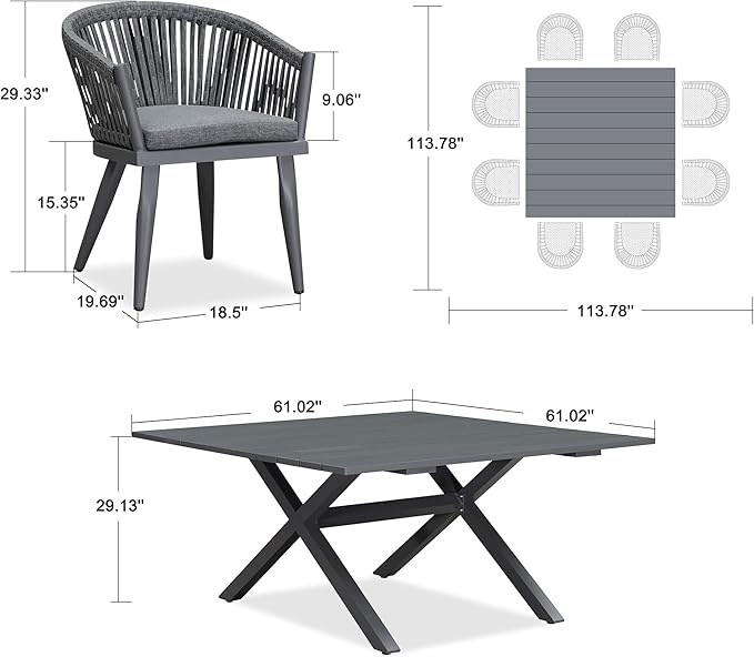 PURPLE LEAF 9 Pieces Outdoor Dining Set with Patio Aluminium Square Dining Table and Wicker Rattan Chairs Modern Furniture Cushions Sets for Backyard Indoor Decor Kitchen Grey