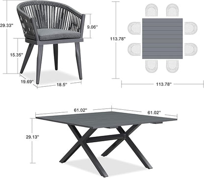 PURPLE LEAF 9 Pieces Outdoor Dining Set with Patio Aluminium Square Dining Table and Wicker Rattan Chairs Modern Furniture Cushions Sets for Backyard Indoor Decor Kitchen Grey
