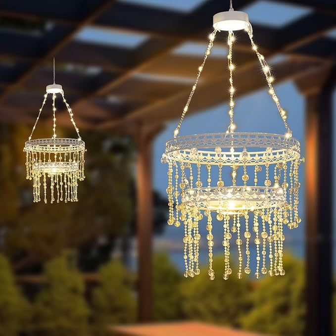 Solar Hanging Crystal Chandelier Outdoor Garden Decorative Lights Powerful Lithium Battery 54 Warm White LEDs Waterproof Hanging Lantern for Garden, Yard, Patio, Gazebo, Party, Wedding 2 Tier