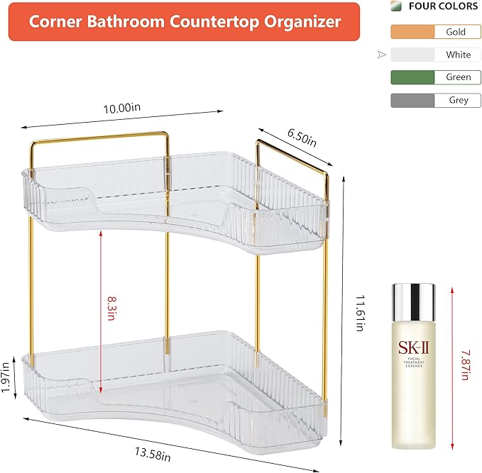 Corner Bathroom Counter Organizer Bathroom Countertop Shelf Makeup Organizer for Vanity Perfume Corner Storage (2 Tiers, White)