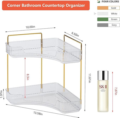 Corner Bathroom Counter Organizer Bathroom Countertop Shelf Makeup Organizer for Vanity Perfume Corner Storage (2 Tiers, White)