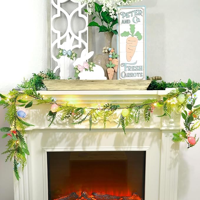 LOMIMOS 6.7FT Easter Lighted Garland,Artificial Spring Vine Branche with Easter Egg Berries Flower for Mantle Fireplace Home Table Party Decoration