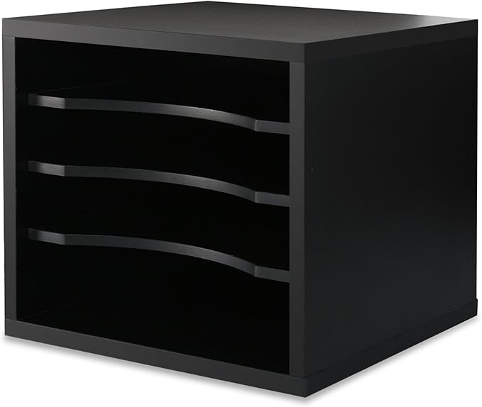 FITUEYES Wood Desk Paper Organizer with 4 Tiers Storage, Desktop File Holder, Document Letter Sorter with Adjustable Shelves, Home Office Wooden Mail Rack, Black