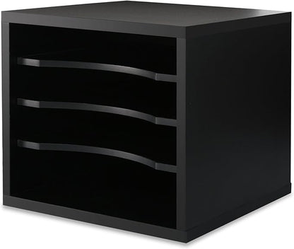 FITUEYES Wood Desk Paper Organizer with 4 Tiers Storage, Desktop File Holder, Document Letter Sorter with Adjustable Shelves, Home Office Wooden Mail Rack, Black